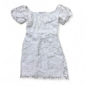 Lucy‎ Paris White Floral Lace Mini Dress Puff Sleeve Smocked Back Small